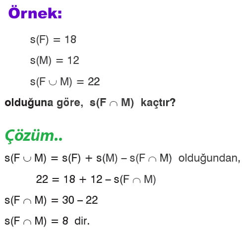 Birleşim işleminin eleman sayısı örnek 1