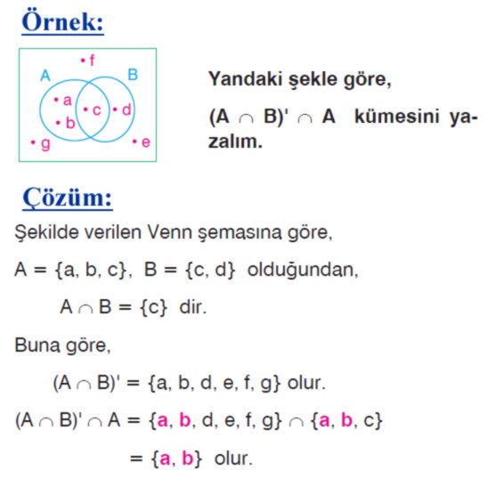 Kümelerde tümleme işleminin özellikleri örnek soru 1