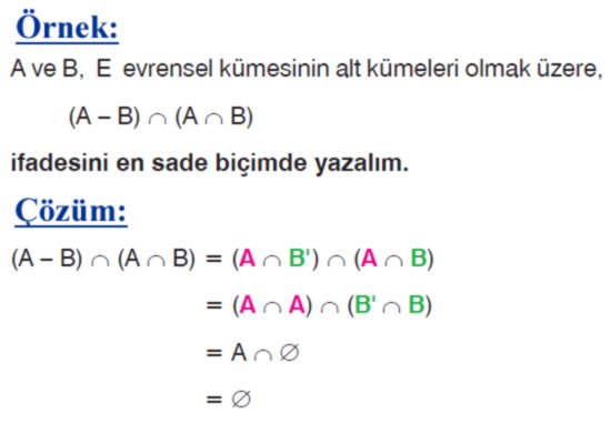 Kümelerde fark işleminin özellikleri örnek soru 1