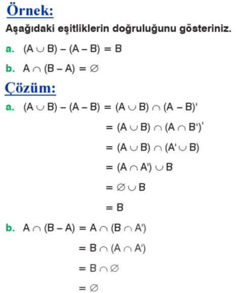 Kümelerde fark işleminin özellikleri örnek soru 2